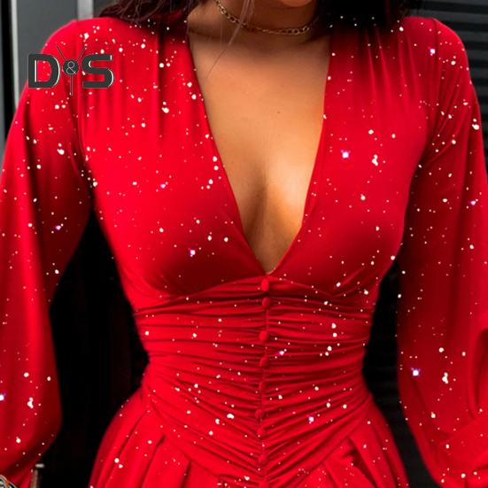 Women Dress Low Cut Deep V Neck Long Lantern Sleeves Solid Color Tight Waist Pleated A Line Big Swing Commute Lady Spring Summer Mini Dress