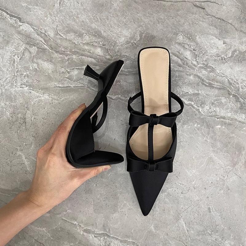 Fashion Satin Baotou Cool Mopping Summer New Pointed Toe Shallow Mouth Bow Hollow-out Non-slip Wear-resistant One-line High Heels