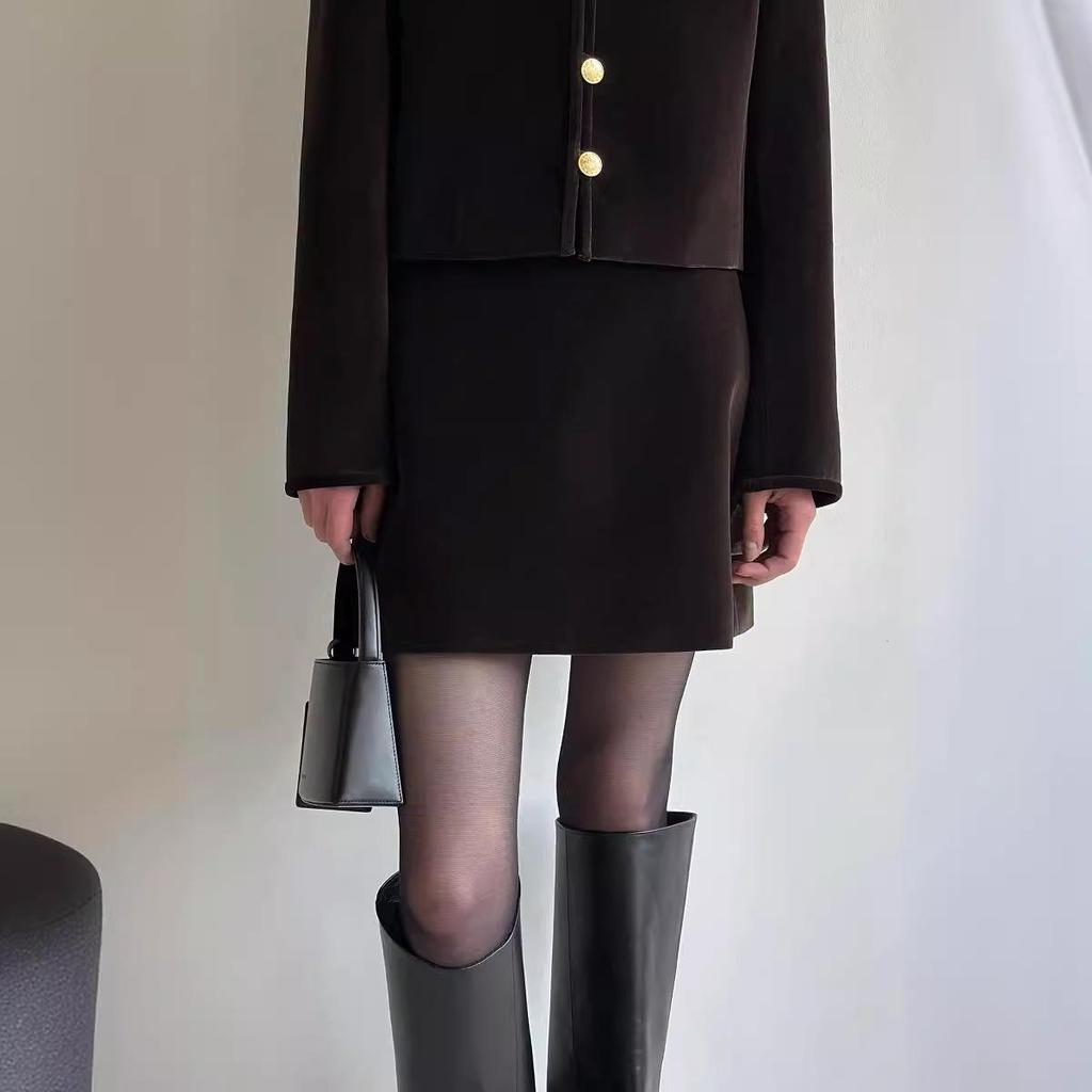 Elegant Dark Brown Single-Breasted Jacket & Skirt Set