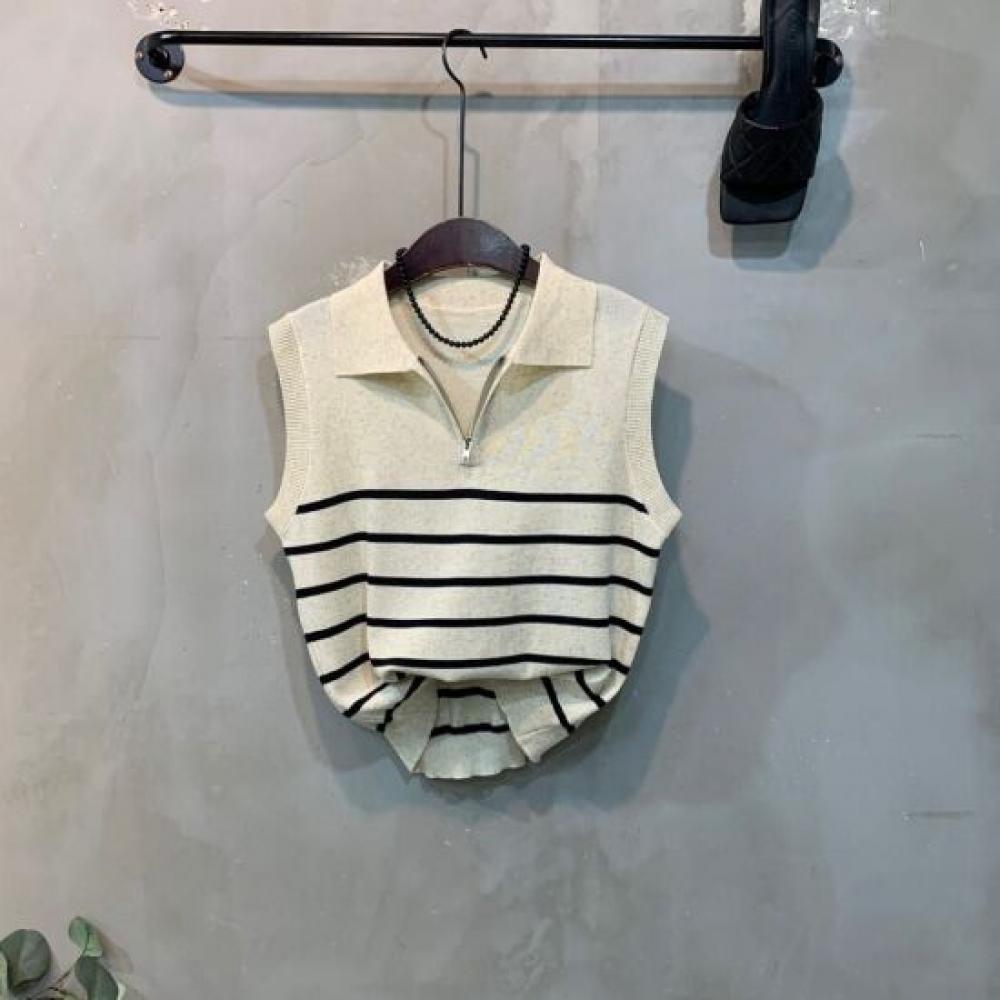 C S In The Room lInen Stripe Zipper Collar neCk SleeveleSS Knit 2Color