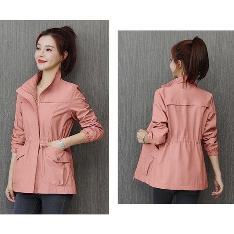 Stehkragen Windjacke Kordelzug Taille Design Damen Mittellanger Schlanker Mantel Einfarbig Einfach Lässig Pendeln Temperament Britischer Stil Frühling Herbst