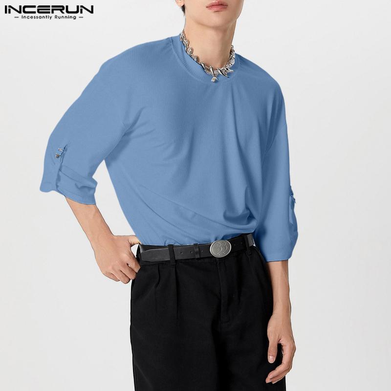 INCERUN Oversized Men Round Neck 3/4 Sleeve Rib Casual Loose T-Shirts Tops
