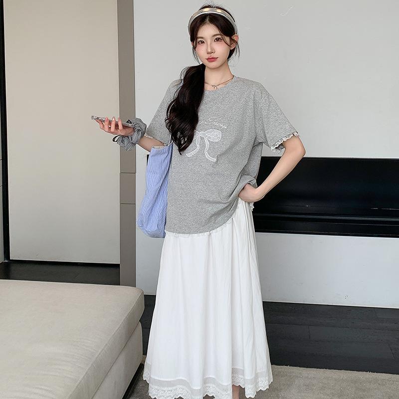 Korean Style Summer 2026 Maternity Set: Grey Bow Embroidered T-Shirt & White Skirt 2XL