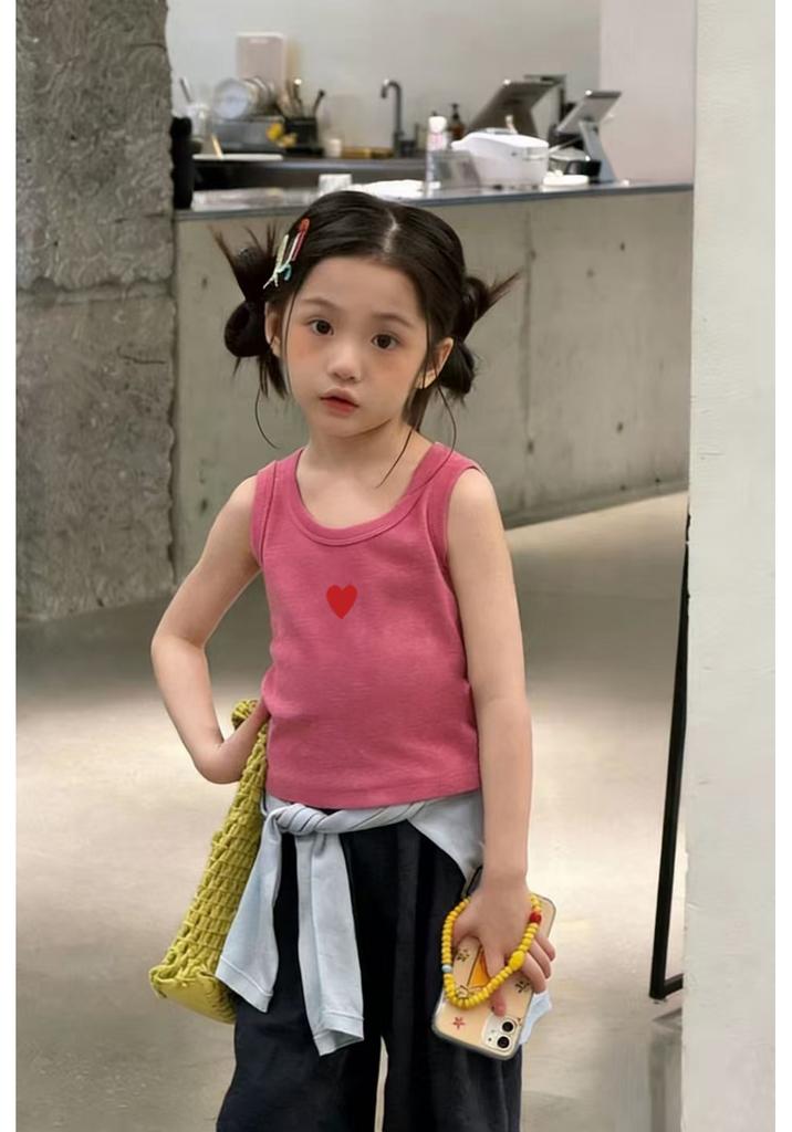 Girls Summer Thin Cartoon Heart Camisole Sleeveless Vest Cute Top For Inner Or Outer Wear
