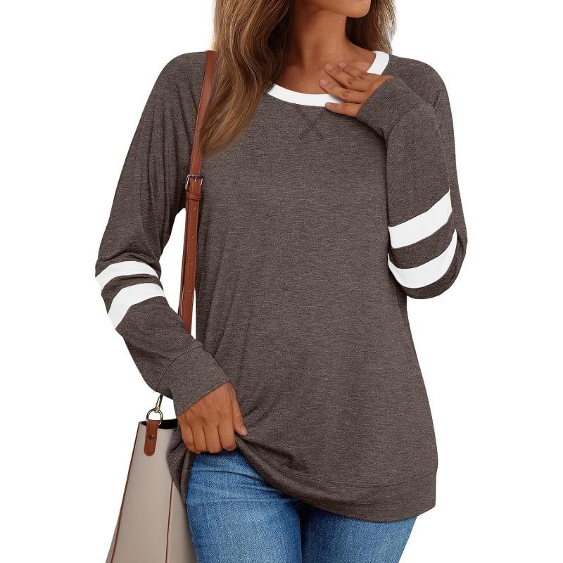 Camiseta Casual Feminina Manga Longa Gola Redonda Patchwork Color Block