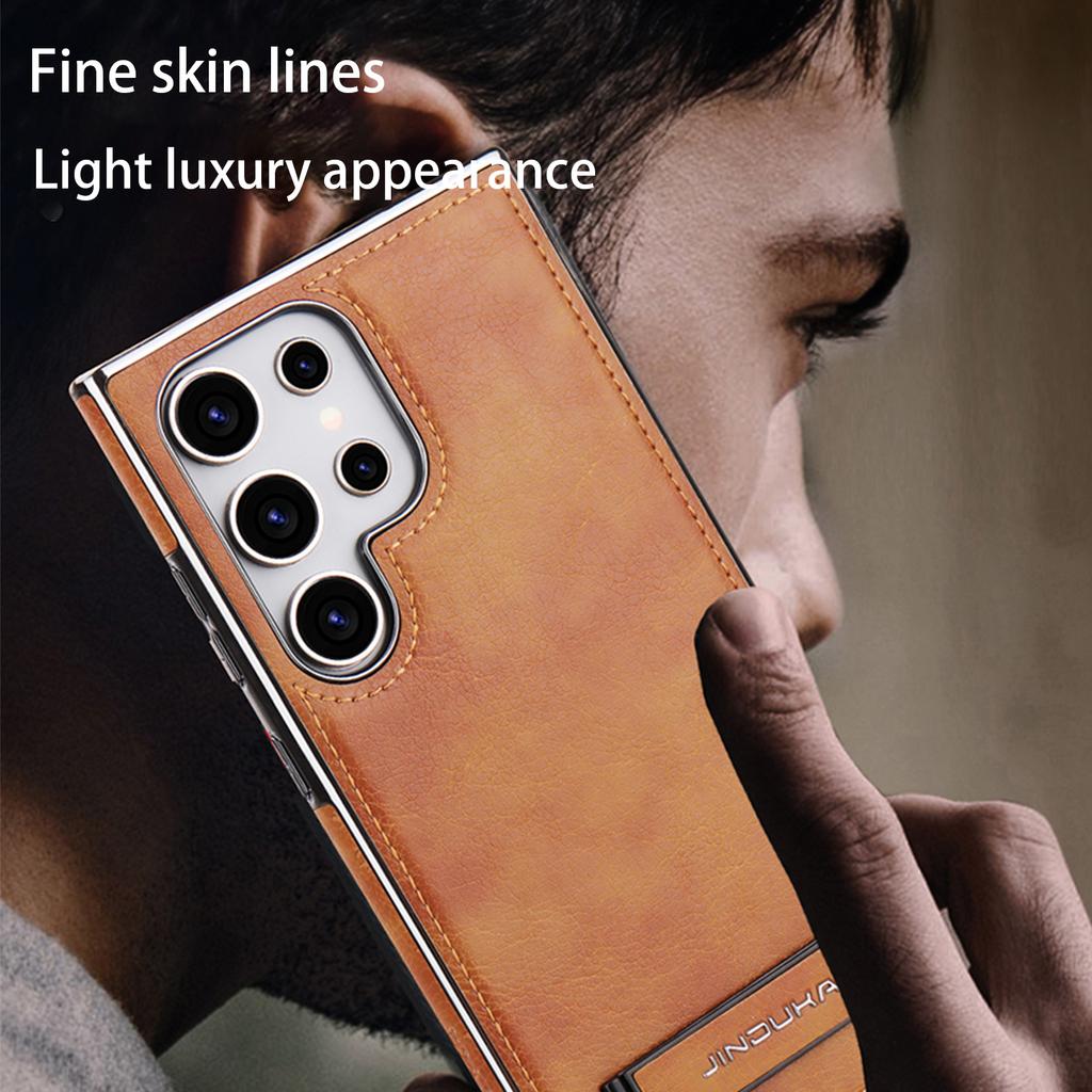 Luxury Leather Texture Phone Case for Samsung Galaxy S25 Edge S24 Ultra S23+ Plus Magnetic Cover And Hidden Stand Business