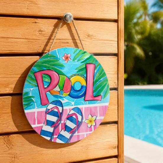 Swimming Pool Sign Summer Wooden Hanging Sign, Weather Resistant Solid Wood Plaque with Outdoor Wall Art Hemp Rope for Beach Party And Decoration