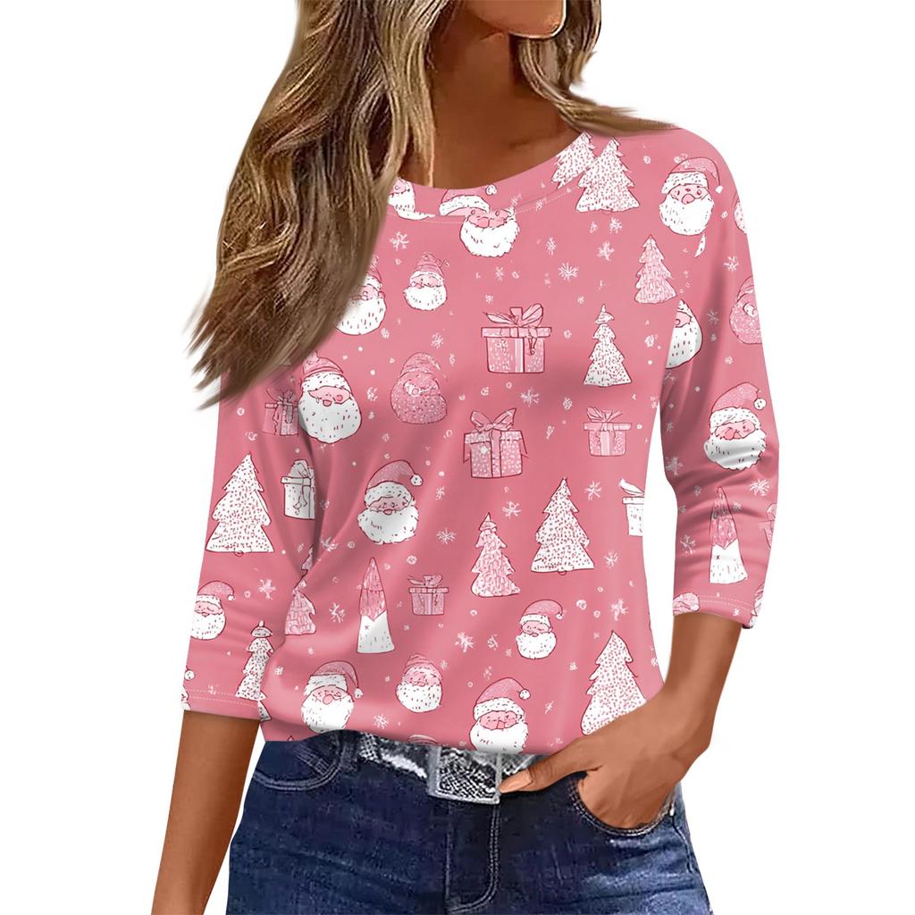 Dame O-hals 3/4 erme Juleprint Topp