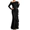 Women's One-Shoulder Ruffle Evening Dress Long Color Formal Gown with Waist-Cinching Design