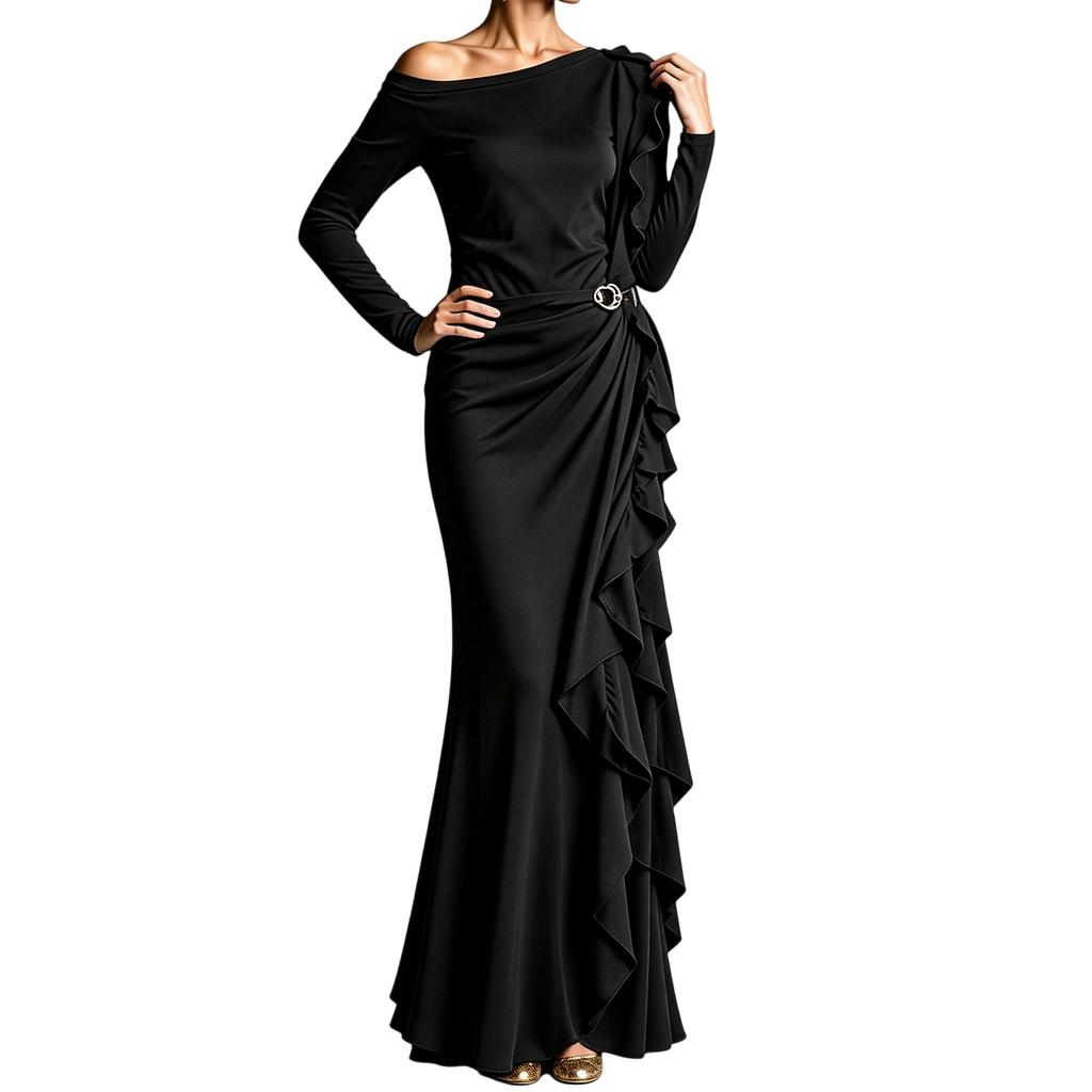 Women's One-Shoulder Ruffle Evening Dress Long Color Formal Gown with Waist-Cinching Design