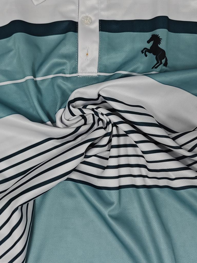 Men'S Outdoor Polo Shirt, Father'S Day Gift, Teal White Striped Design, Polyester Material, Multiple Sizes Available, Casual Hiking Outdoor Wear,