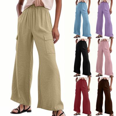 Women's Fashion Solid Color High Waist Straight Leg Pants Drawstring Pocket Casual Pants