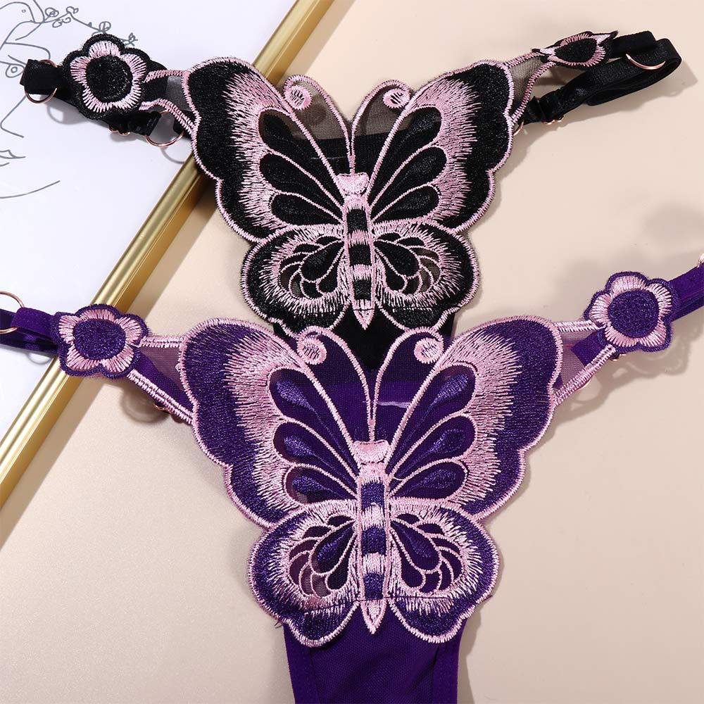 Butterfly Pattern Thong Solid Color Embroidery Sexy Underwear Underpant Lingerie Women Panties