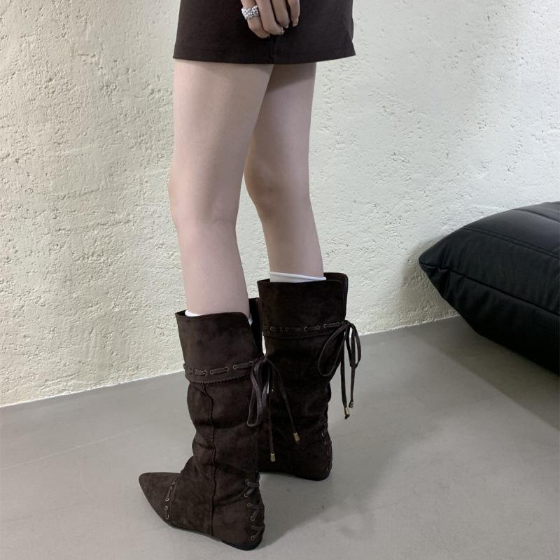 Inner Heightening Pointed Suede Pile Boots Women's Boots 2025 Autumn and Winter Western Cowboy Medium Tube Thin Boots