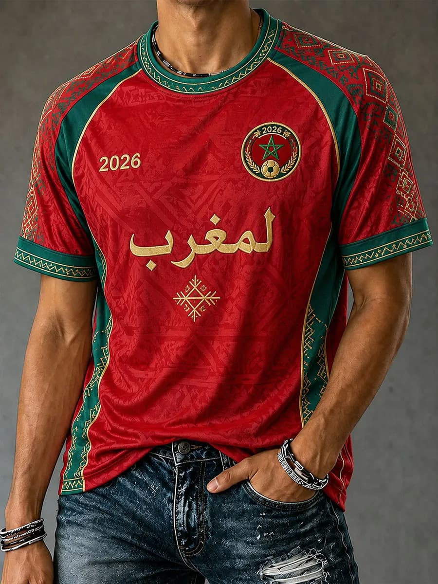 Huiteng12 2026 Marokko Voetbal Fans T-shirt Heren Rood Letterprint Korte Mouw T-shirt Team Voetbal Supporter Casual Sportshirt Top L
