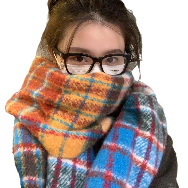 Autumn and winter rainbow plaid imitation cashmere scarf female student couple mohair warm scarf long shawl