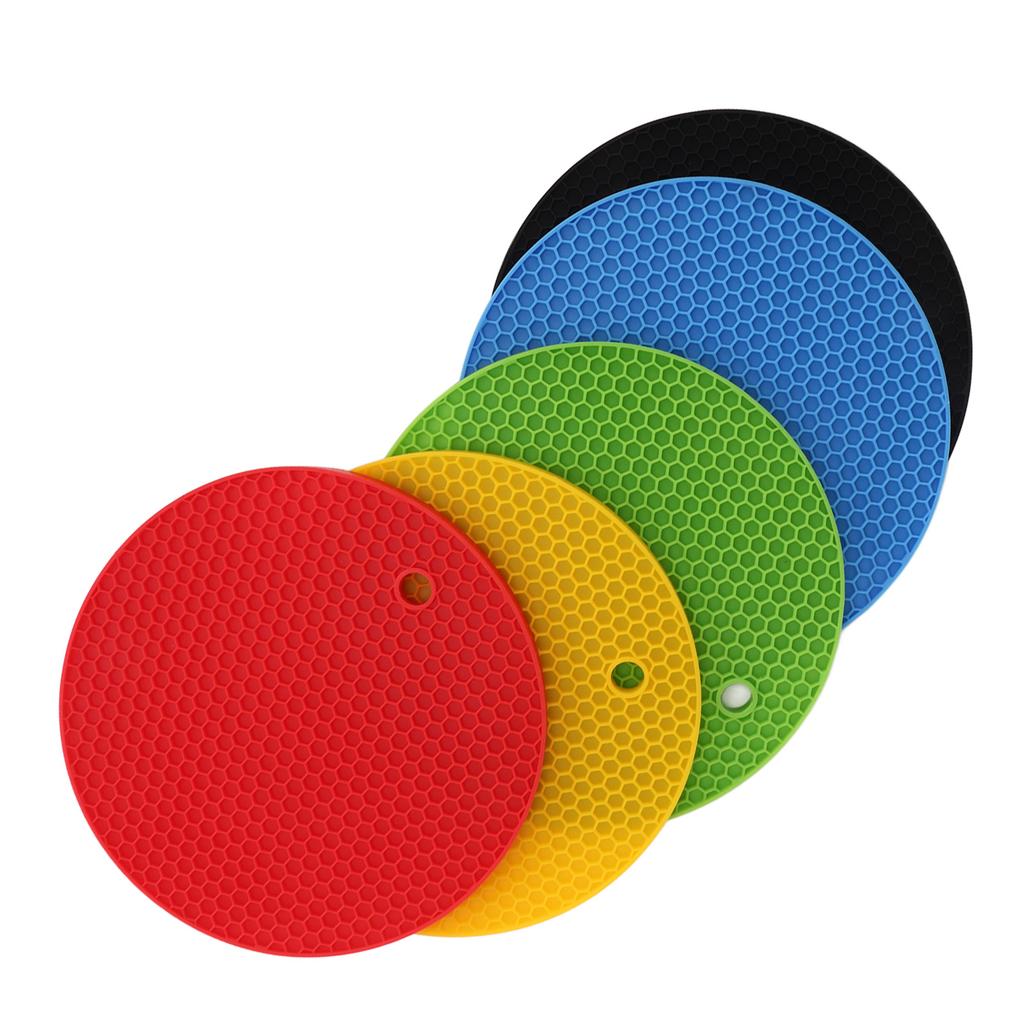 5Pcs Round 7 Inch Silicone Trivet Mat Heat Resistant Silicone Pot Holders Yellow Black Red Blue