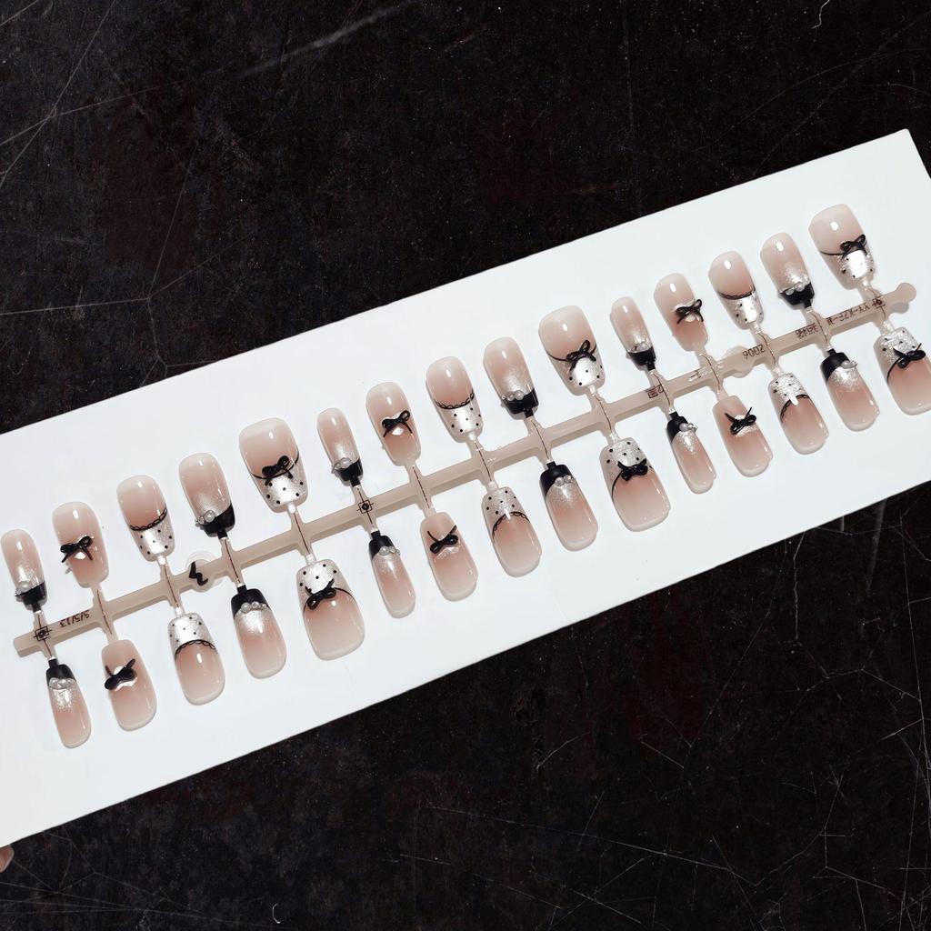 30-Piece Black & White Polka Dot Bow Nails - Short, Cute Design (T042)