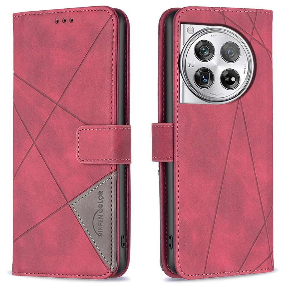 

BINFEN COLOR For OnePlus 12R 5G/Ace 3 5G Phone Cases Wallet Stand Geometry Imprinted Leather Cover Red