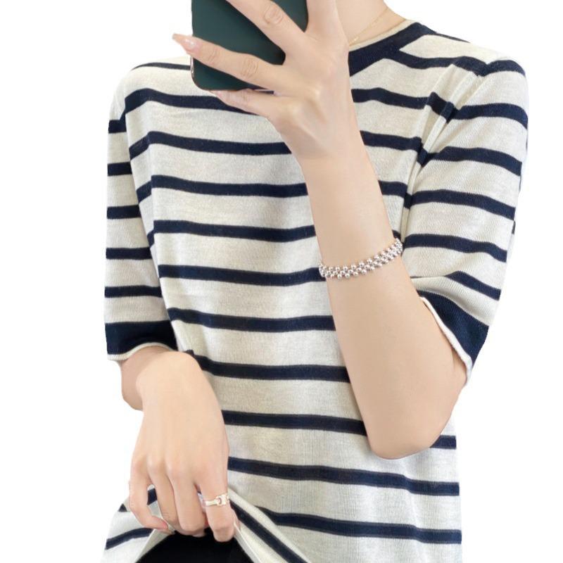 Women's Striped Color Block Loose Knit Top, 2025 Round Neck Short Sleeve Summer Shirt