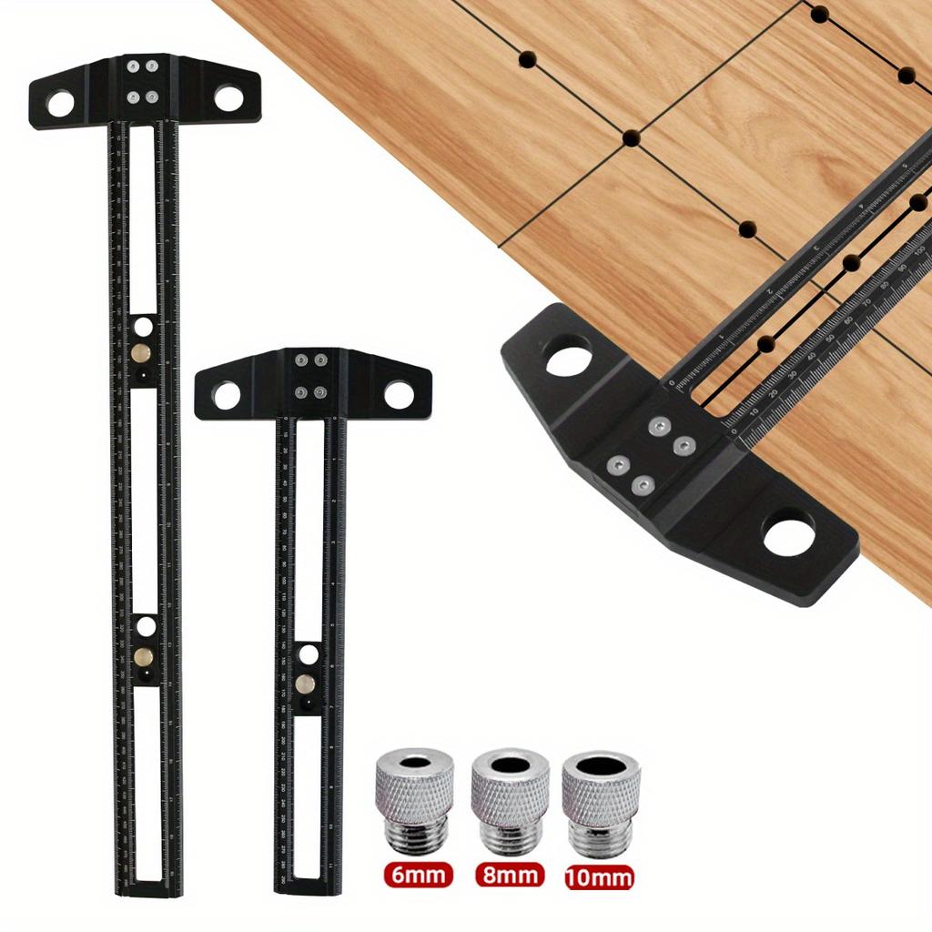 2 In 1 Drilling Positioning Scoring Ruler - Aluminum Alloy Scriber Marking Gauge with 6/8/10mm Drill Sleeves and Activity Block