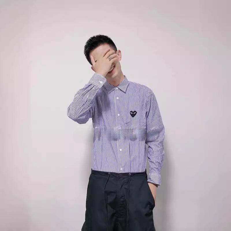 CDG Kawajiu Love Autumn/Winter Black Heart Striped Cotton Embroidered Couples Shirt