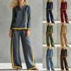 Women Contrast Trim Tracksuit Set Henley Neck Long Sleeve Top Wide Leg Pants Two Piece Outfit
