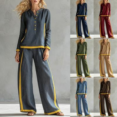 Kadın Kontrast Kenarlı Eşofman Takımı Henley Yaka Uzun Kollu Üst Geniş Bacak Pantolon İki Parçalı Kıyafet