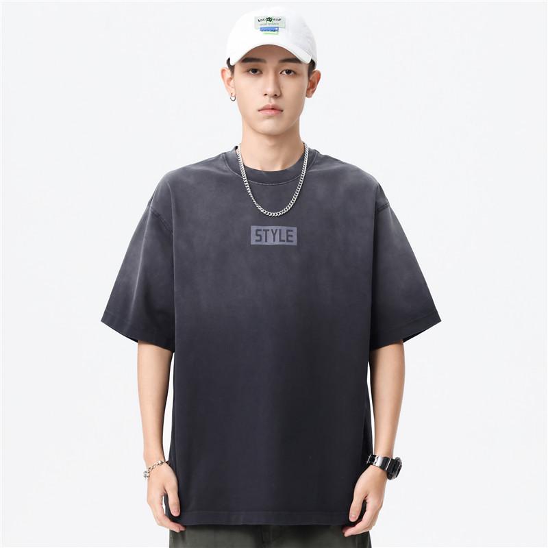 

Мужская модная футболка с градиентной стиркой, с коротким рукавом и принтом букв - Свободный крой, Большой размер, Летний стиль 3XL (180-200 lbs)