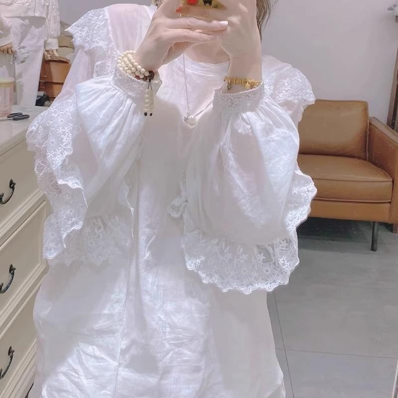 Plus Size Summer Solid Color Lace Patchwork Long Sleeve Loose T-shirt for Women