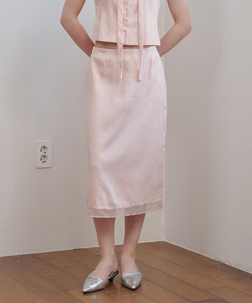OPENING SUNSHINE Set - Satin Jacquard Tie Blouse + H Midi Skirt Pink