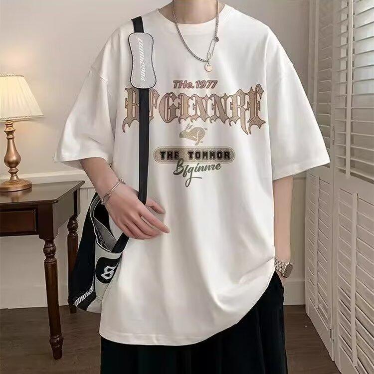

Новая летняя футболка с короткими рукавами для мужчин, тренд в корейском стиле, простой топ с короткими рукавами, свободная повседневная брендовая футболка в гонконгском стиле 5XL белый