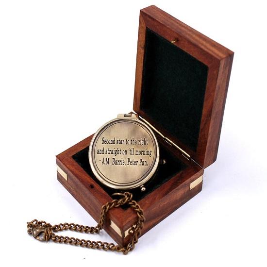 Second Star J. M. Barrie, Peter Pan Engraved Brass Replica of Compass Wooden  Case  Nautical Décor Gift Maritime Instrument