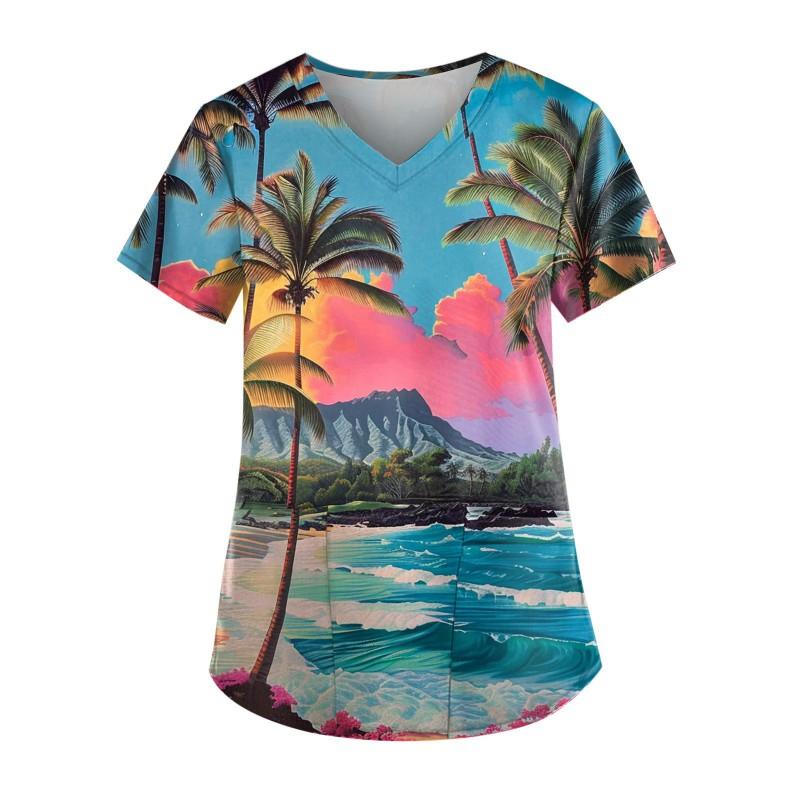 V-Neck Short Sleeve Nursing Scrub Top Women Fashionable Casual Workwear With 3D Print Design Slim Fit 2025 Collection