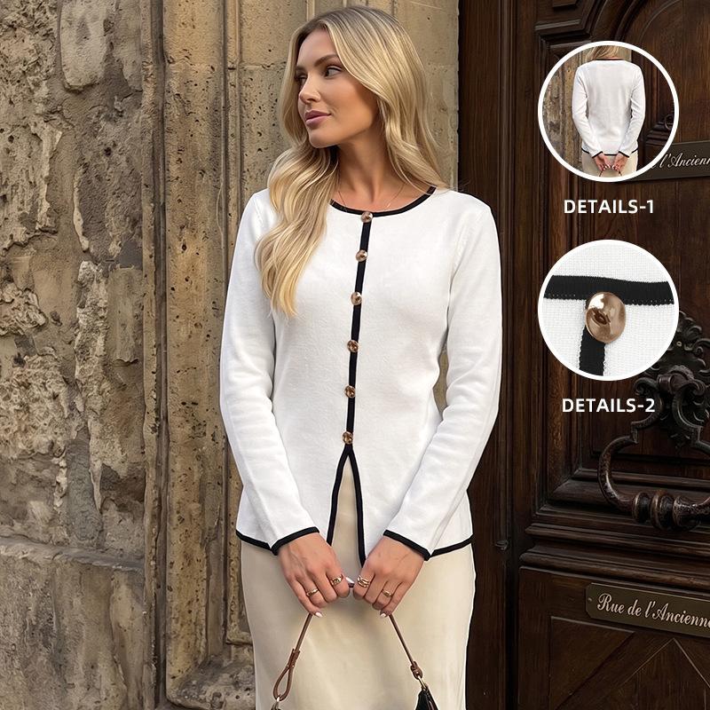 Women Long Sleeve Knit Cardigan Round Neck Gold Button Lightweight Sweater Jacket Casual Work All Seasons