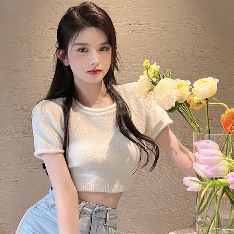 Дамы Короткие рукава Укороченные бретели Короткие рукава Открытая спина Сексуальный круглый вырез