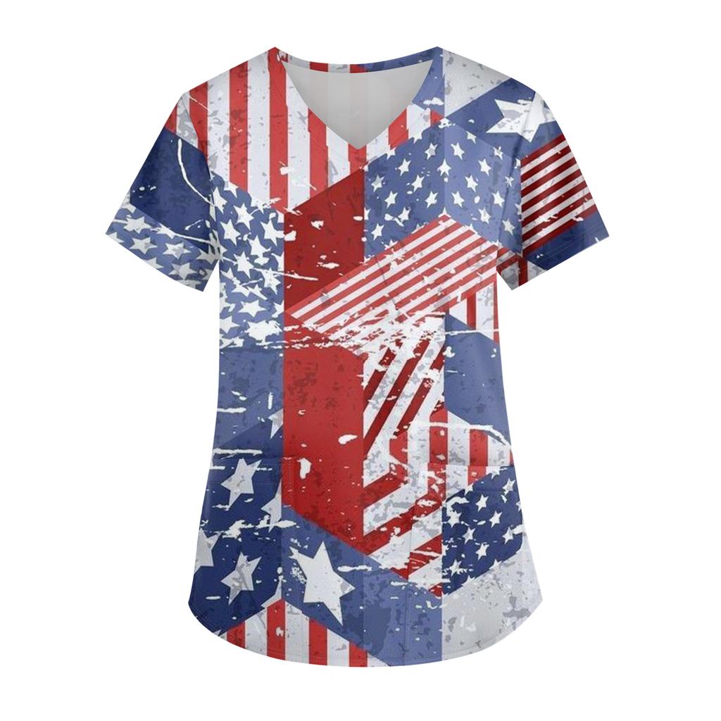 Ladies' Independence Day printed fashionable V-neck pocket short sleeved uniform and caregiver top