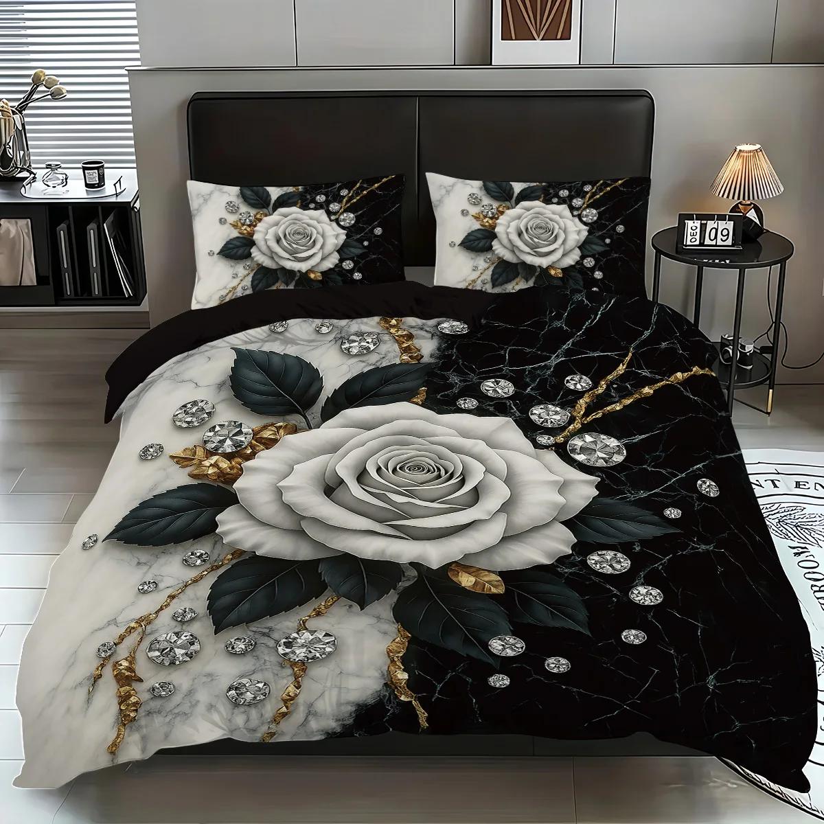 

3pcs rose pattern bedding set, for women and adult s bedroom, 1*quilt cover+2*pillowcase, for single, queen bed EU Twin(135x200cm)