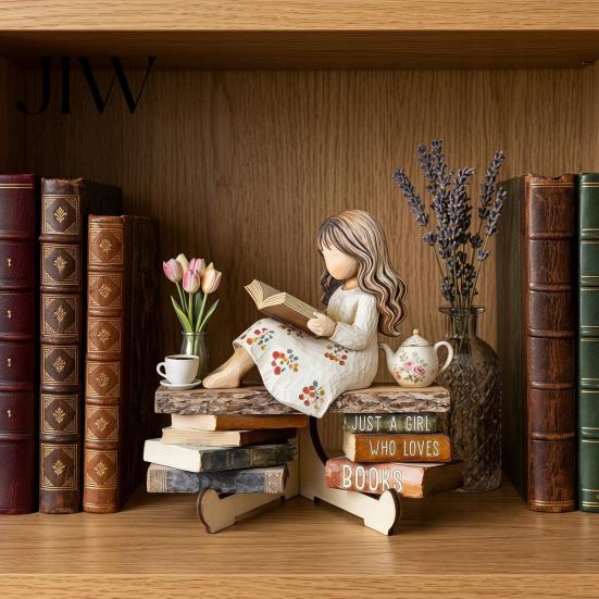 Stable Base Wooden Craft Reading Girl Figurine, Pastoral Style Statue Desktop Hand Painted Home Accessory Decor, Artistic Healing Ornament,