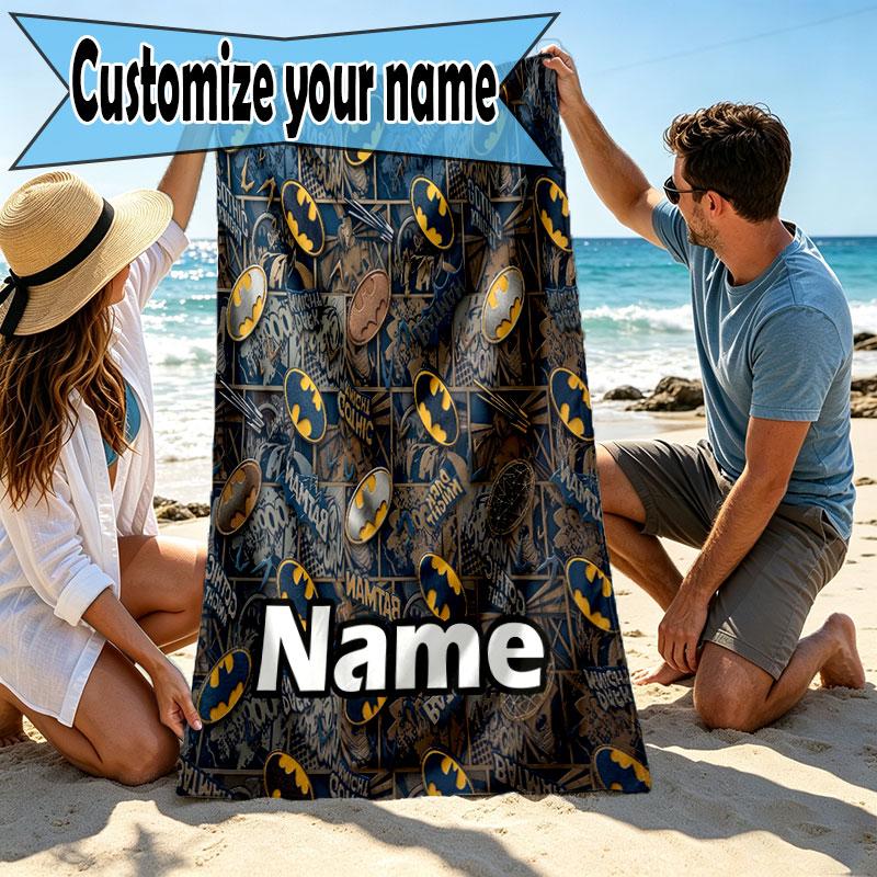 Custom Name Personalized Batman Print Beach Towel, for Trip Camping Beach Party Home Decor, Birthday Gift for Family & Friends