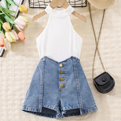 Girls' Fashion Set 2025 Summer Children's Casual Solid-color Pullovers and Denim Shorts 2-piece Set