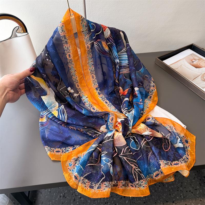 Camel Bell Dream Print Cut Flower Spring And Summer Silk Scarf Large Long Scarf High Sense Travel Shawl Sun Protection Women'S Scarf Headscarf