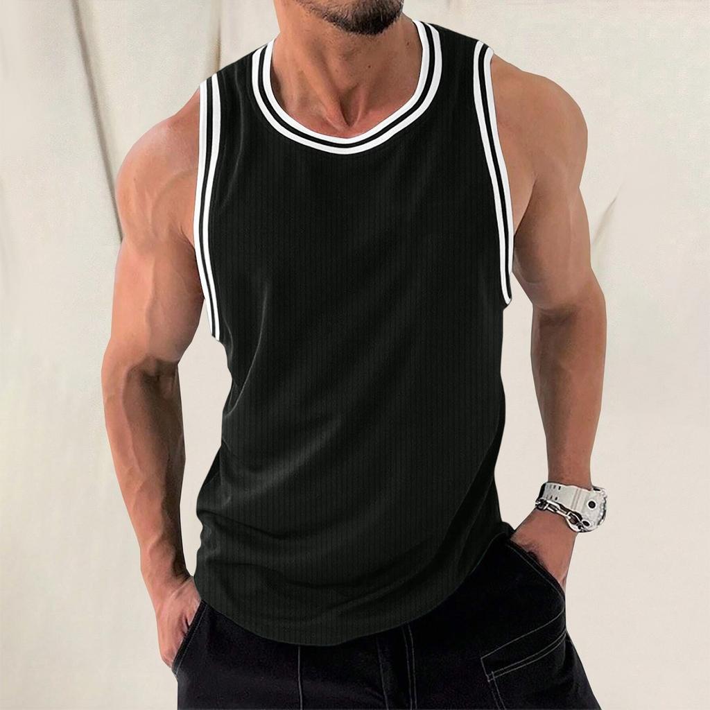 Men's Knit Vertical Stripes Fitness Exercise Slim-fit I-block Color Vest