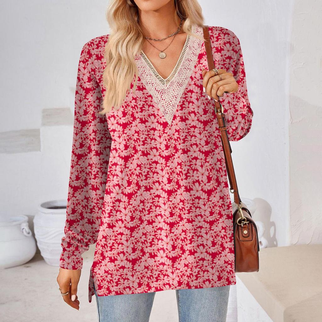 Womens Tops Loose V-neck Contrast Color Split Loose Long Sleeve T-shirt Women's Tops