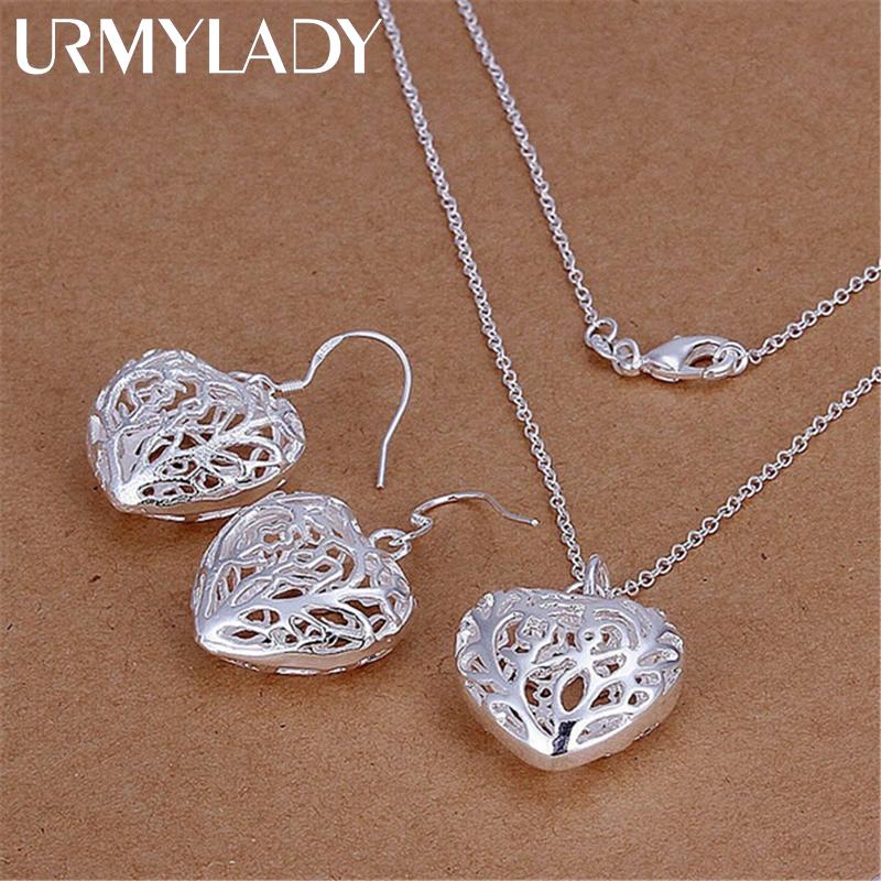 925 Silver Hollow Heart Necklace and Earrings Set for Women Party Christmas Gift High Quality Jewelry