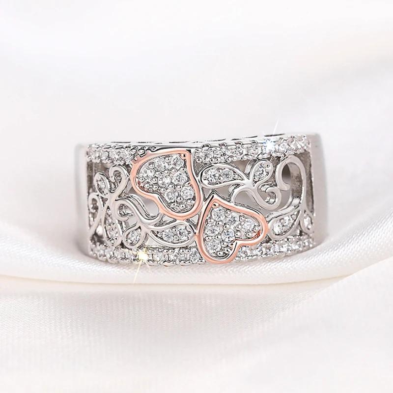 Huitan Einzigartiges Design Doppelherz Zweifarbige Ringe Damen für Verlobung Hochzeit Wunderschöne Brillante CZ Ringe Luxuriös Trendig