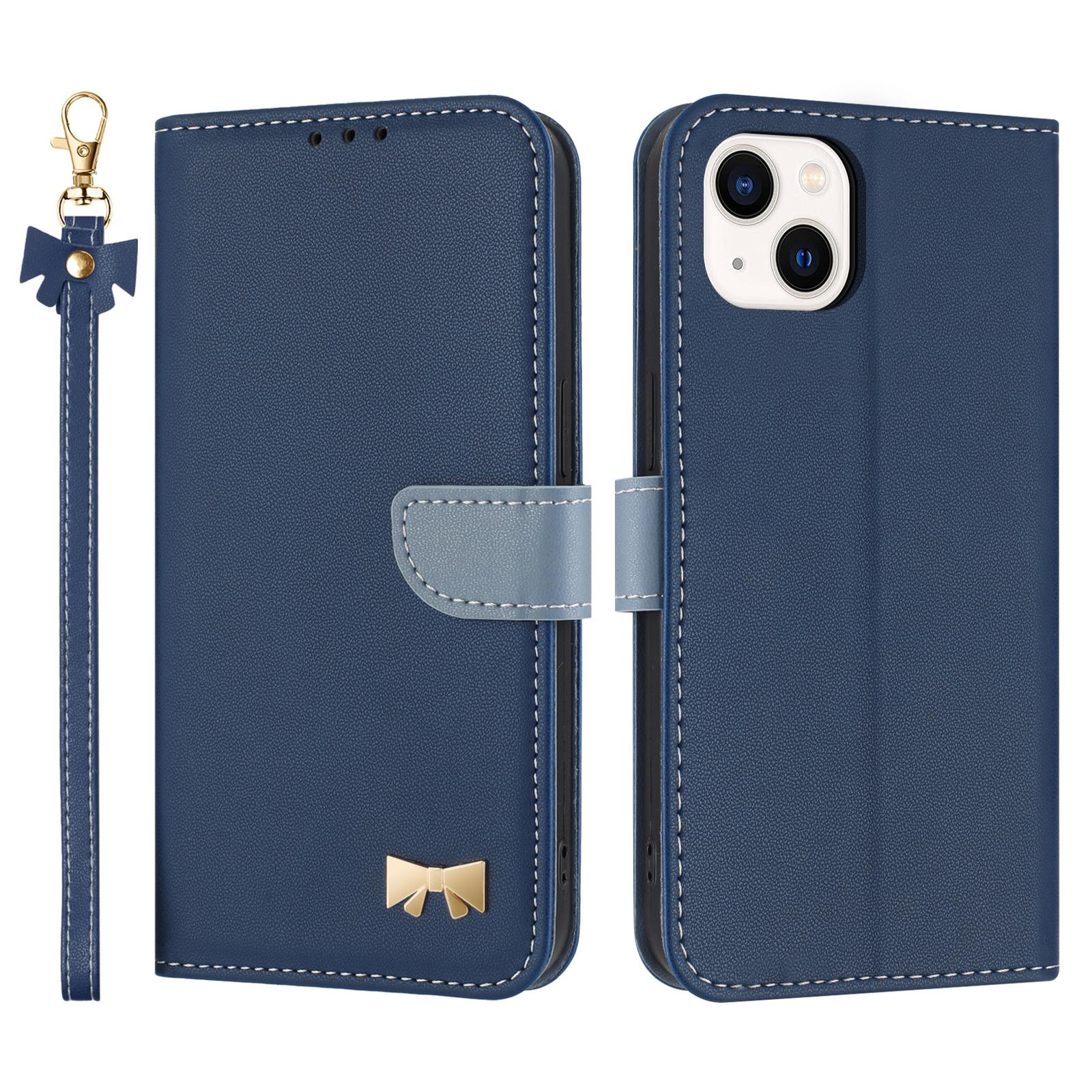 

For iPhone 15 Case Bowknot Decor Wallet Leather Phone Cover with Wrist Strap Dark Blue