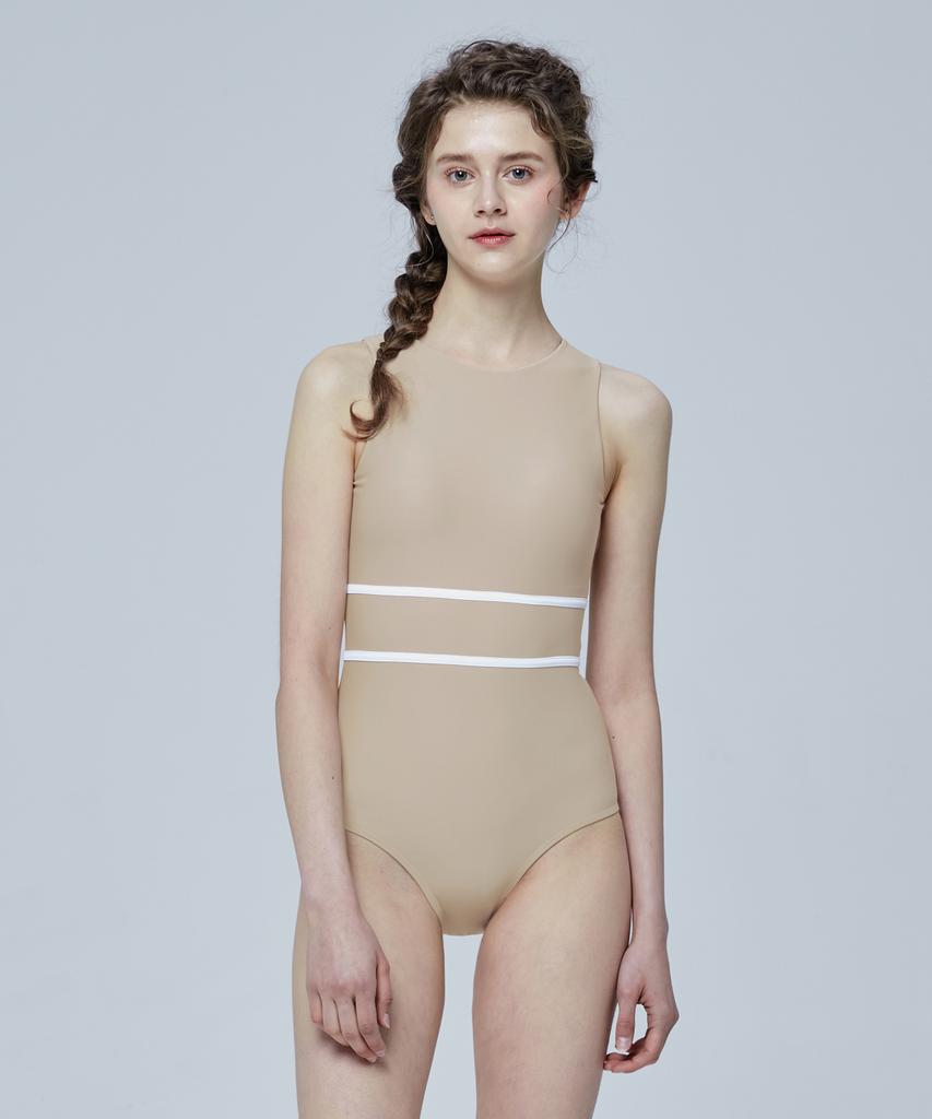 Leijibi [Set] Multi-Tension Halterneck Swimsuit 3-Pcs Set Beige