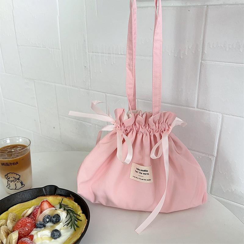 Pure Color Shoulder Bag Drawstring Pouch Women'S Cosmetics Earphones Key Sundries Organizer Simple Tote Bag Storage Bag