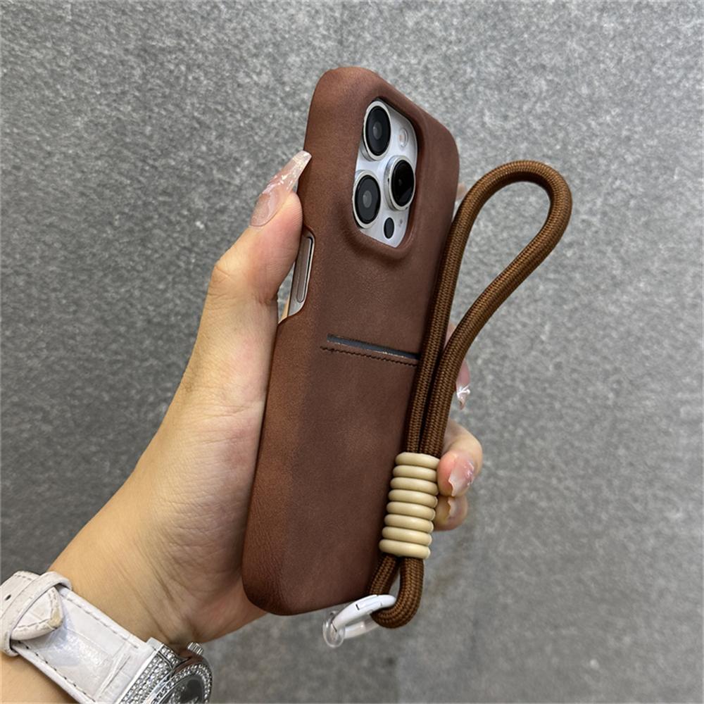 Luxury Suede Wallet Wrist Strap Rope Lanyard Card Holder Phone Case For iPhone 16 12 13 14 15 Pro Max Plus Cowhide Leather Cover